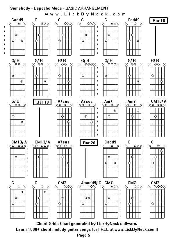 Chord Grids Chart of chord melody fingerstyle guitar song-Somebody - Depeche Mode - BASIC ARRANGEMENT,generated by LickByNeck software.